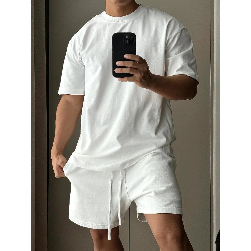 Conjunto de shorts de manga curta de algodão puro masculino, camiseta solta moderna europeia e americana de esportes e lazer