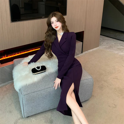Purpled elegante plissado bodycon terno vestido para mulher 2025 moda coreana vestido formal outono inverno chique sob medida vestido de ocasião