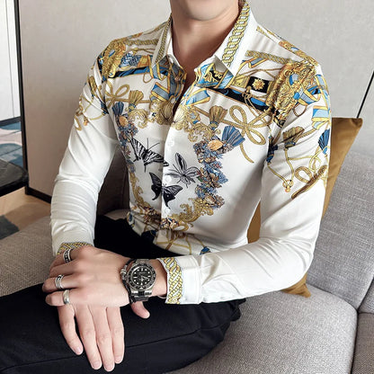 Camisa Coreana Estampada Masculina, Manga Comprida, Fina, Vestido, Festa, Negócios, Social, Boutique, Luxo, Primavera, Outono, 6XL