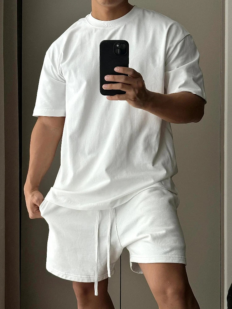 Conjunto de shorts de manga curta de algodão puro masculino, camiseta solta moderna europeia e americana de esportes e lazer