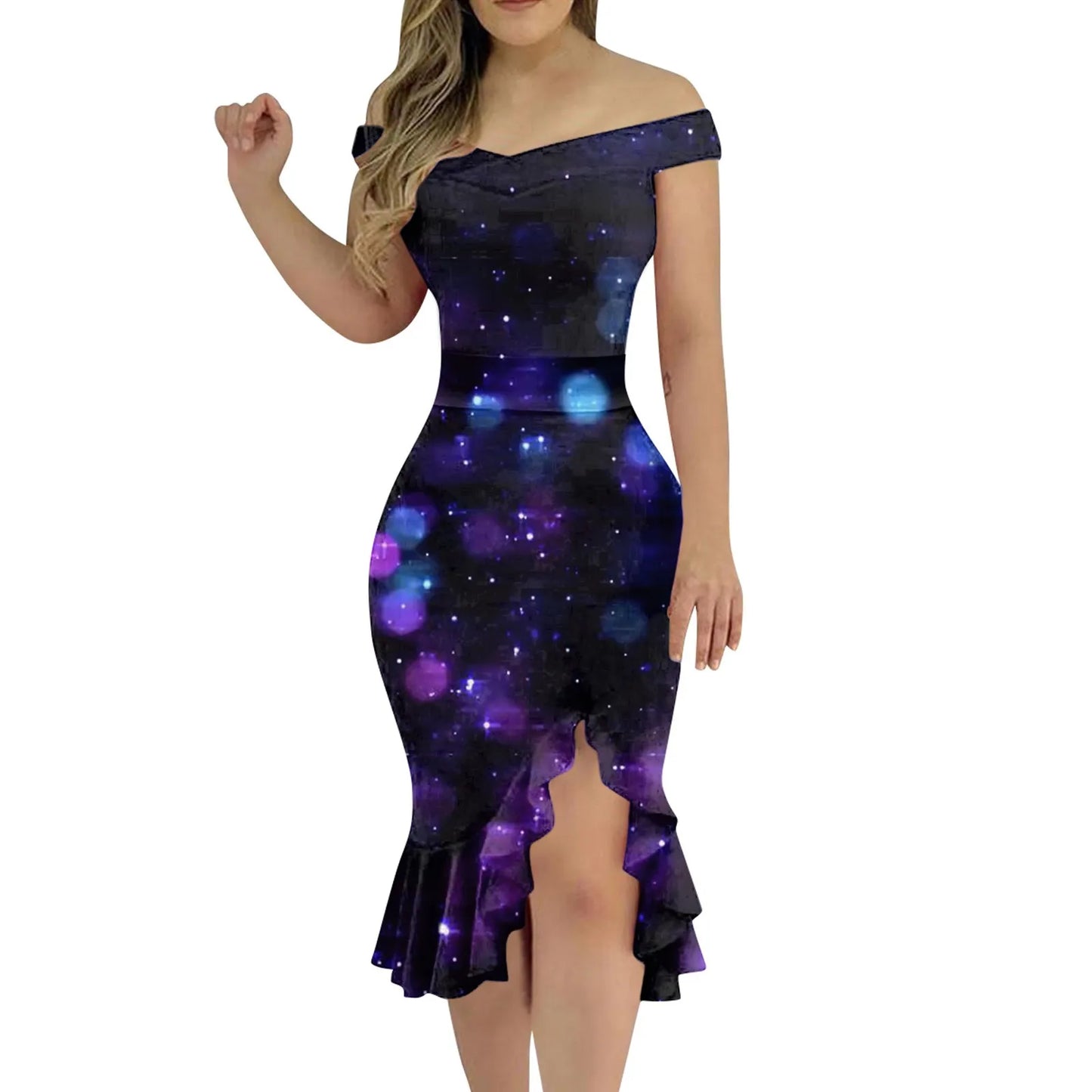 Vestido de festa feminino na altura do joelho, sexy fora do ombro, plissado dividido, bodycon monocromático, glitter, vestidos elegantes, moda feminina