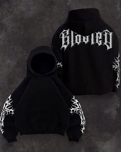 Masculino preto com capuz solto ajuste estilo rua gótico hoodie com punho impressão elegante casual urbano manga longa pulôver design na moda