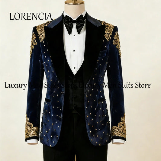 Clássico miçangas ternos masculinos 3 peças apliques smoking conjunto roupas de festa à noite personalizado blazer calças colete roupas masculinas