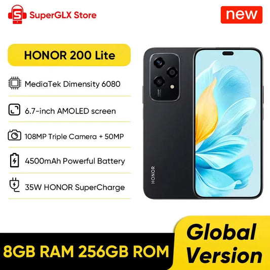 Versão global honor 200 lite 5g smartphone Mediatek dimensão 6080 6.7 "90hz display amoled 108mp câmera principal 4500mah bateria