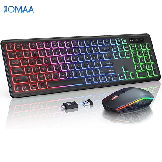 Combo de Teclado e Mouse sem Fio, 2.4G, RGB, Retroiluminado, Recarregável, Tamanho Grande, Ergonômico, Tipo-C