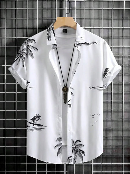Camisa havaiana estampada em 3D masculina, Harajuku simples, moda vintage, camisa grande solta, casual confortável, roupa de manga curta