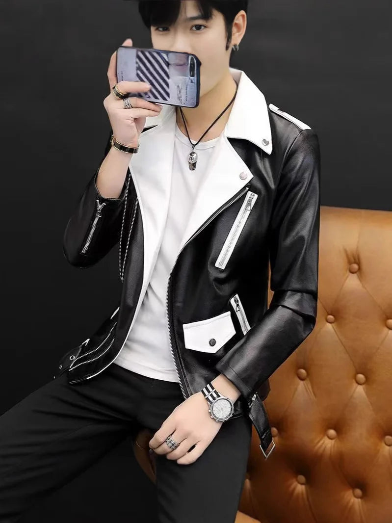2025 masculino novo bonito, novo zíper oblíquo, jaqueta de couro PU locomotiva combinando com cores casuais