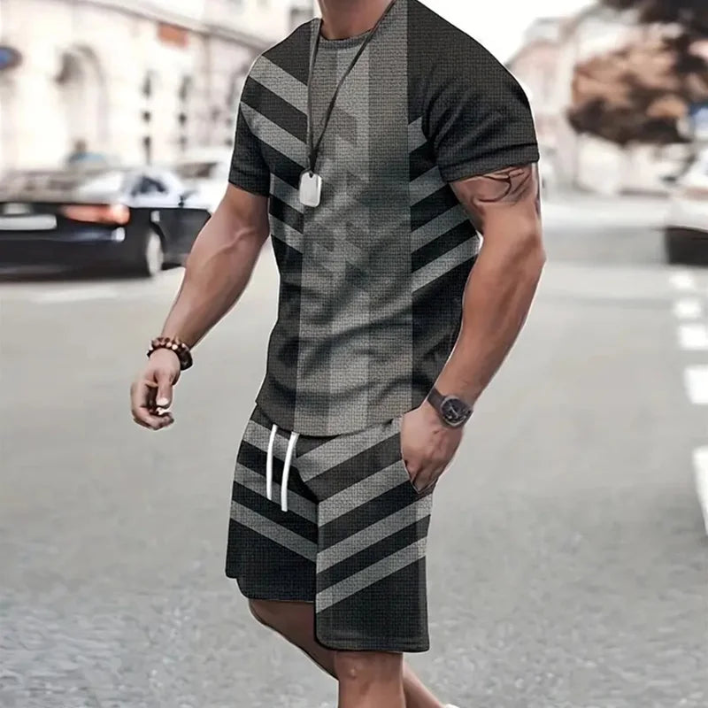 Conjunto de camiseta e shorts estampados em retalhos 3D masculino, traje de treino gola redonda, roupas esportivas casuais, roupas de manga curta, moda verão, 2 peças, 2024