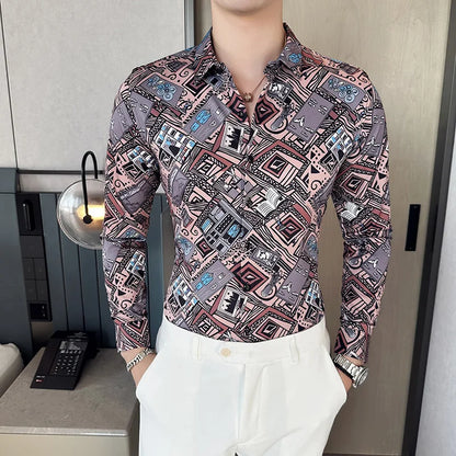 Camisa Coreana Estampada Masculina, Manga Comprida, Fina, Vestido, Festa, Negócios, Social, Boutique, Luxo, Primavera, Outono, 6XL