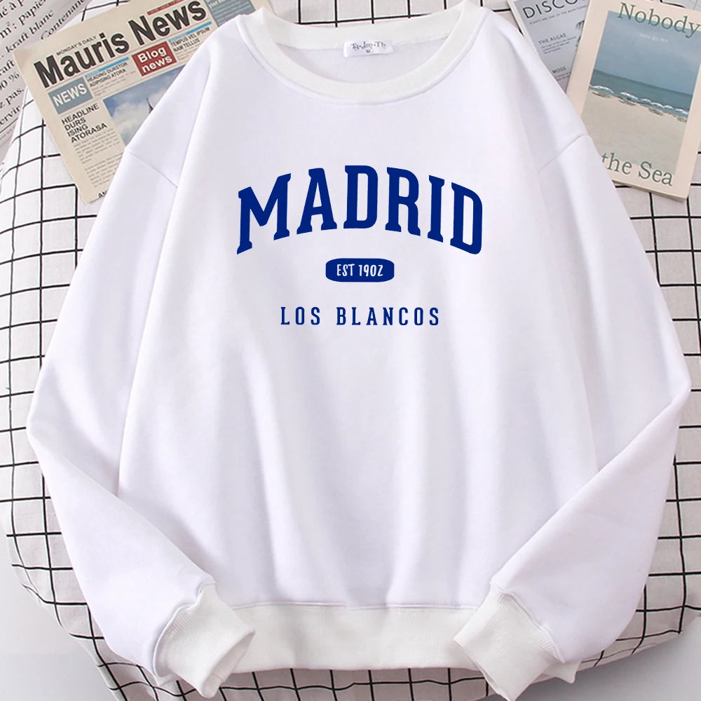 Espanha madrid est 1902 los blancos impressão dos homens com capuz roupas oversize crewneck agasalho solto pulôver masculino streetwear