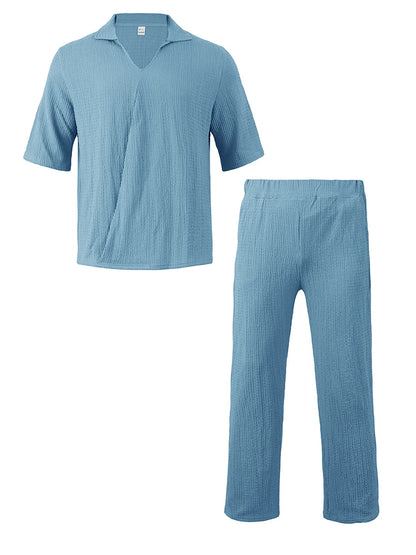 Moda verão roupas texturizadas para homens casual respirável camisa e calças duas peças define lazer masculino ternos de cor sólida