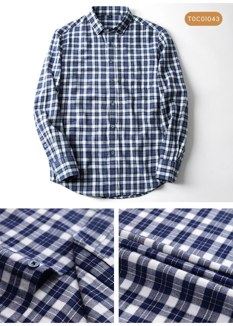 Moda masculina casual xadrez escovado camisa de manga longa, confortável 100% algodão botão para baixo fino ajuste grosso flanela camisas de outono