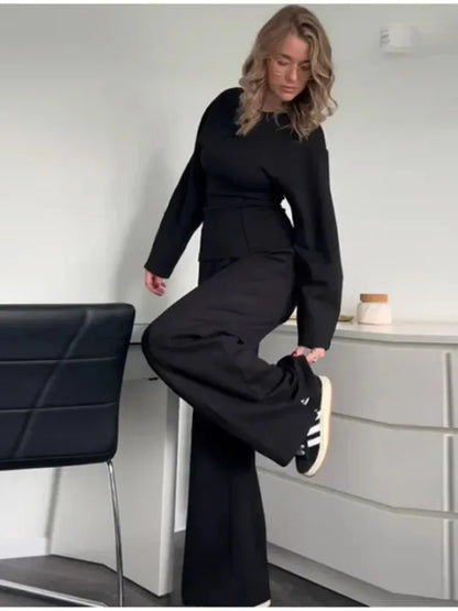 Mulher casual sólido conjunto de duas peças moda o pescoço mangas compridas magro topos calças de perna larga ternos outono inverno senhora roupa de escritório