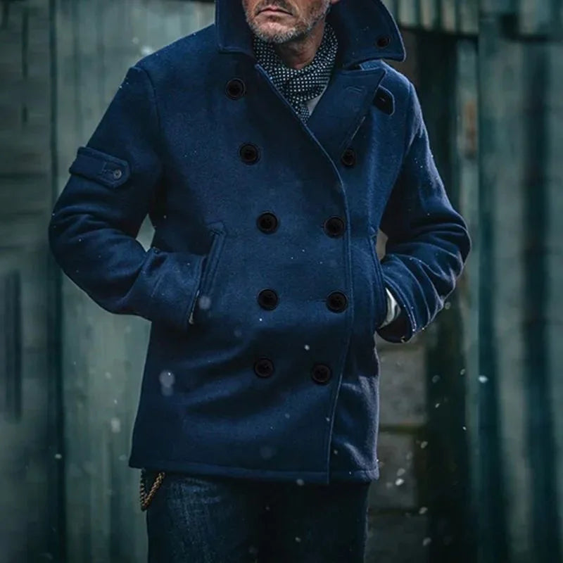 Casaco de lã masculino de cor pura com gola aboa, manga curta e decote em V para jovens no outono.