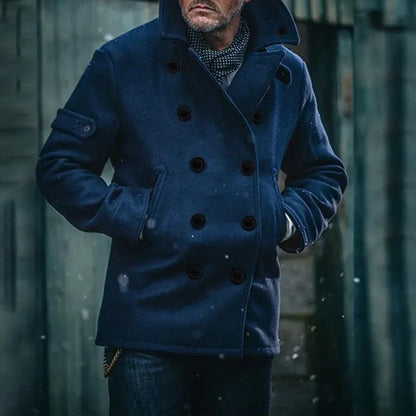 Casaco de lã masculino de cor pura com gola aboa, manga curta e decote em V para jovens no outono.
