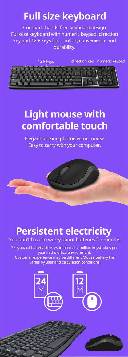 Logitech-mk270 teclado e mouse sem fio para laptop, tamanho completo, com receptor 2.4g