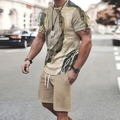 Conjunto de camiseta e shorts estampados em retalhos 3D masculino, traje de treino gola redonda, roupas esportivas casuais, roupas de manga curta, moda verão, 2 peças, 2024