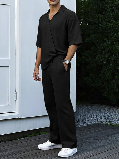 Moda verão roupas texturizadas para homens casual respirável camisa e calças duas peças define lazer masculino ternos de cor sólida