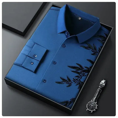 Outono inverno mais lã camisas masculinas impressão anti-rugas térmica turn-down colarinho manga longa banquete único breasted topos