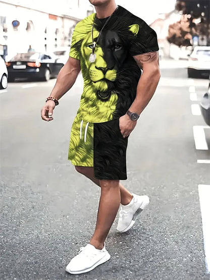 Camiseta e calções com estampa besta leão masculina, impressão 3D de bloqueio colorido, fato esportivo gola o, rua casual, verão, novo