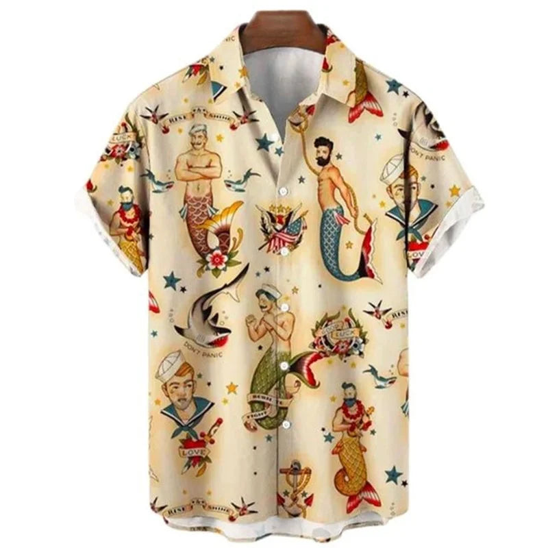 Camisa havaiana retrô masculina com impressão 3D, gráficos sereia, botão casual, manga curta, lapela, streetwear, verão