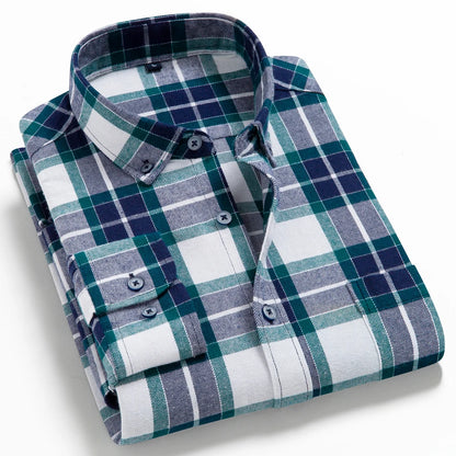 Moda masculina casual xadrez escovado camisa de manga longa, confortável 100% algodão botão para baixo fino ajuste grosso flanela camisas de outono