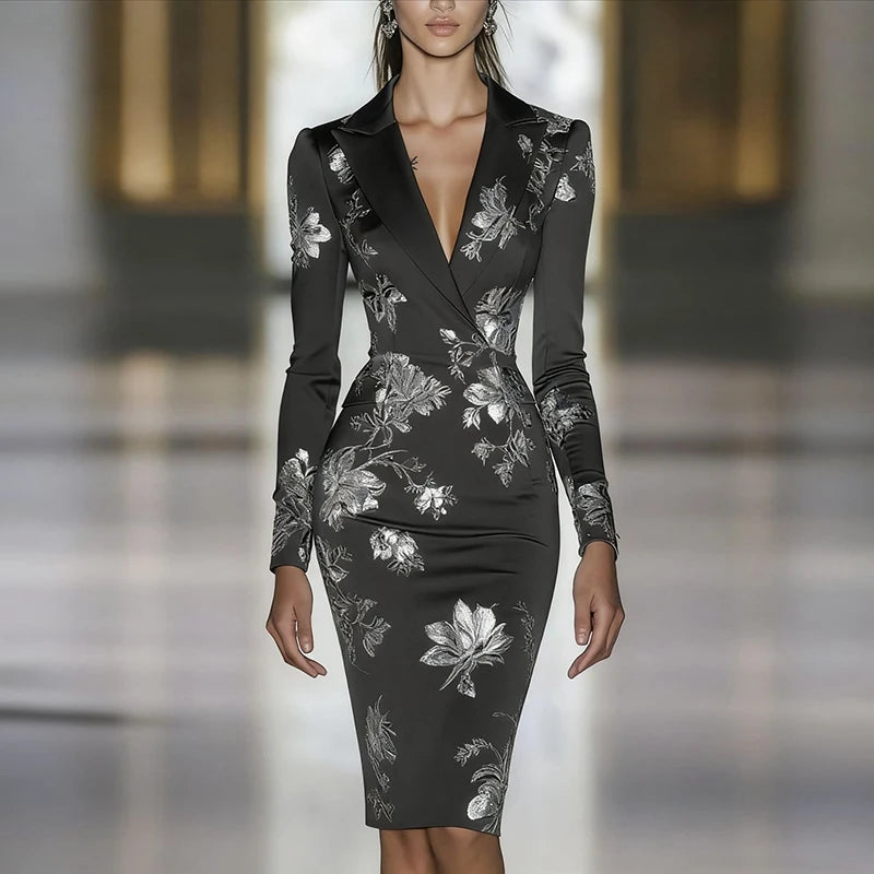 Mulher roupas vestidos 2025 primavera floral impressão bodycon elegante vestido de noite outono manga longa turn-down colarinho vestidos de viagem