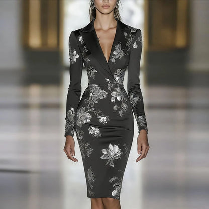 Mulher roupas vestidos 2025 primavera floral impressão bodycon elegante vestido de noite outono manga longa turn-down colarinho vestidos de viagem