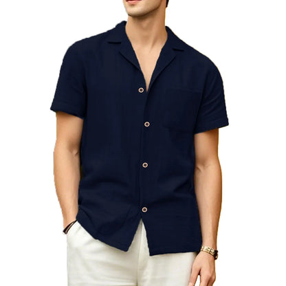 Camisas masculinas de manga curta verão cor sólida respirável solto camisas casuais praia férias estilo masculino topos camisetas