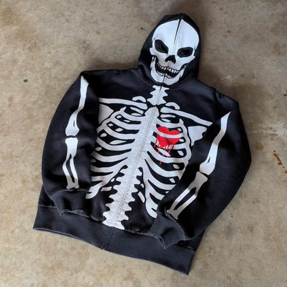 2000s crânio padrão gótico hoodie y2k zíper rosto coberto crânio padrão impresso hoodie casual punk hip hop rua retro engraçado