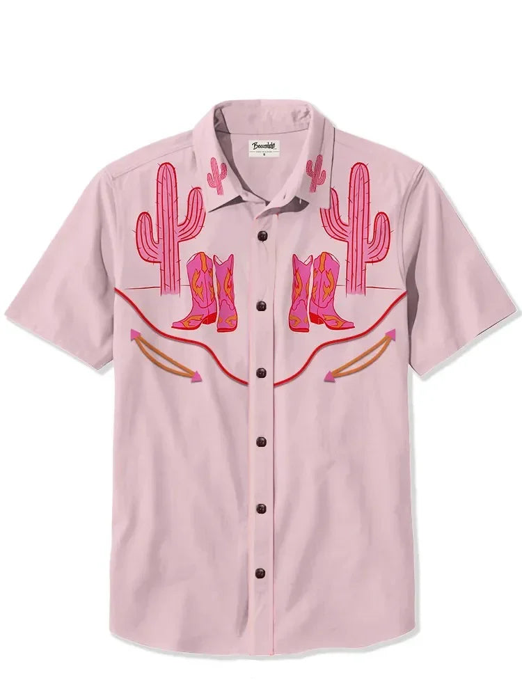 Camisa masculina de manga curta estilo cowboy ocidental, confortável, respirável, verão, arte, botão, camisas havaianas divertidas