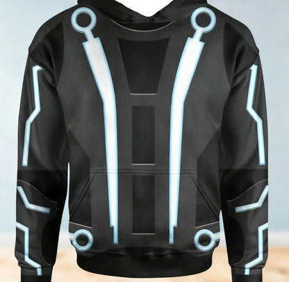 Moletom masculino com tema TRON azul claro, padrão de circuito de ficção científica, roupa casual diária para outono inverno, ideal para camadas ou agasalhos