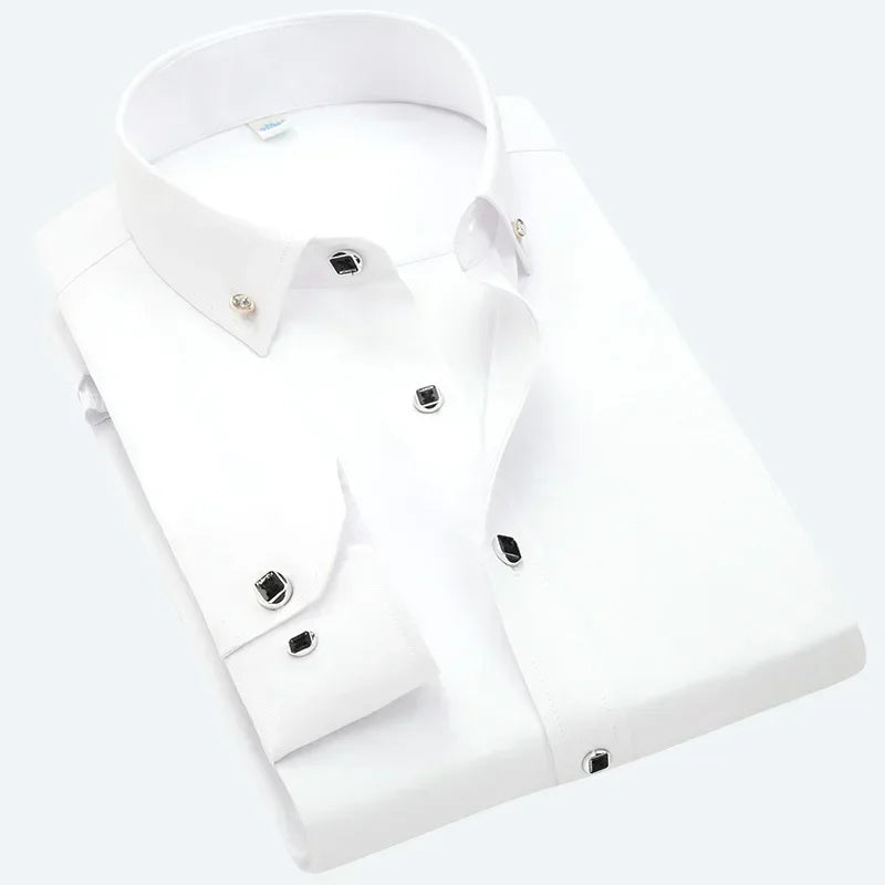 Qualidade de luxo masculino diamante botão sólido vestido camisa casual padrão-ajuste confortável macio camisa de manga longa roupas masculinas