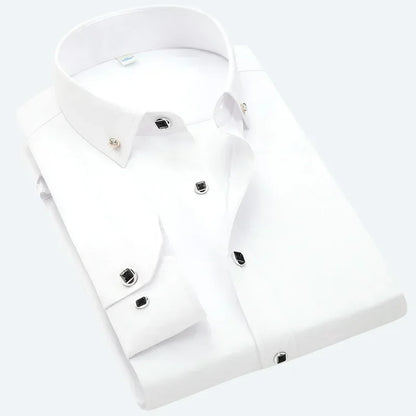 Qualidade de luxo masculino diamante botão sólido vestido camisa casual padrão-ajuste confortável macio camisa de manga longa roupas masculinas