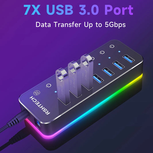 Adaptador de energia rshttech-alumínio para pc e laptop, usb c hub, 5gbps, 7 portas, usb 3.0, 14 modo, rgb led strip, 20w