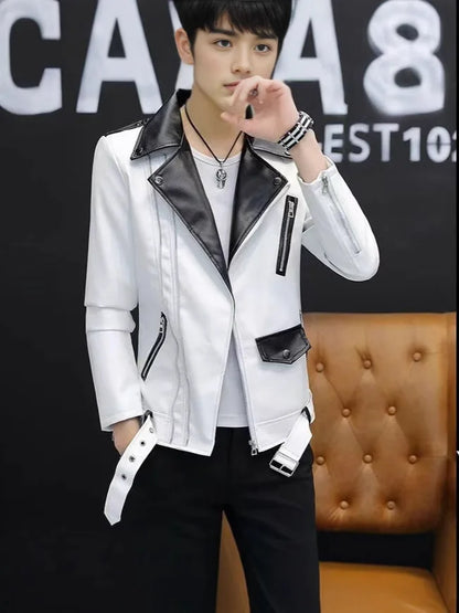 2025 masculino novo bonito, novo zíper oblíquo, jaqueta de couro PU locomotiva combinando com cores casuais