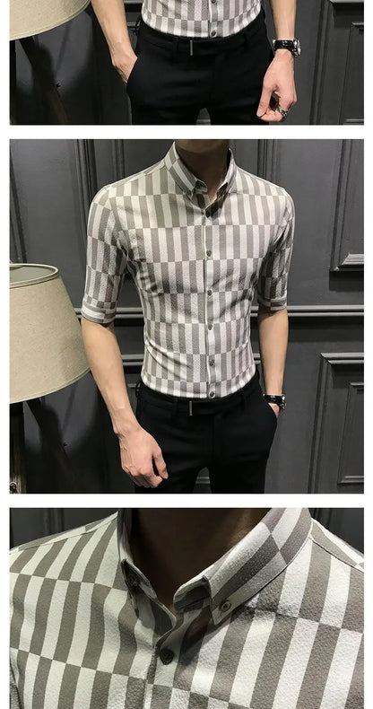 Camisa de manga média listrada estampada masculina, tendência coreana, botão, versátil, gola pontiagudos, top de meia manga, moda verão, novo