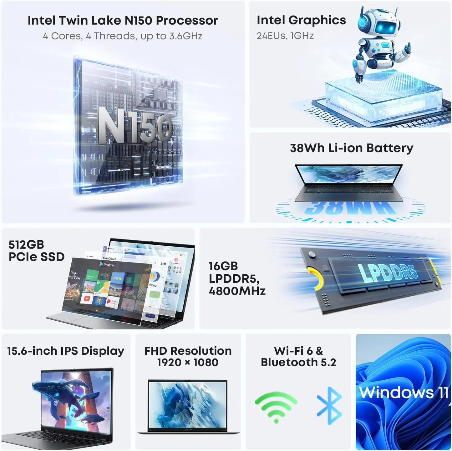 Chuwi gemibook plus laptop intel n100/n150 gráficos para 12a geração 15.6 "1920*1080p 16gb ram 512gb ssd com ventilador de refrigeração windows 11