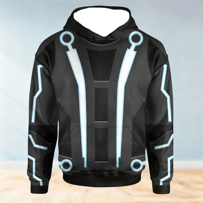 Moletom masculino com tema TRON azul claro, padrão de circuito de ficção científica, roupa casual diária para outono inverno, ideal para camadas ou agasalhos