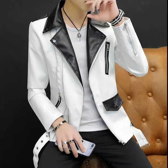 2025 masculino novo bonito, novo zíper oblíquo, jaqueta de couro PU locomotiva combinando com cores casuais