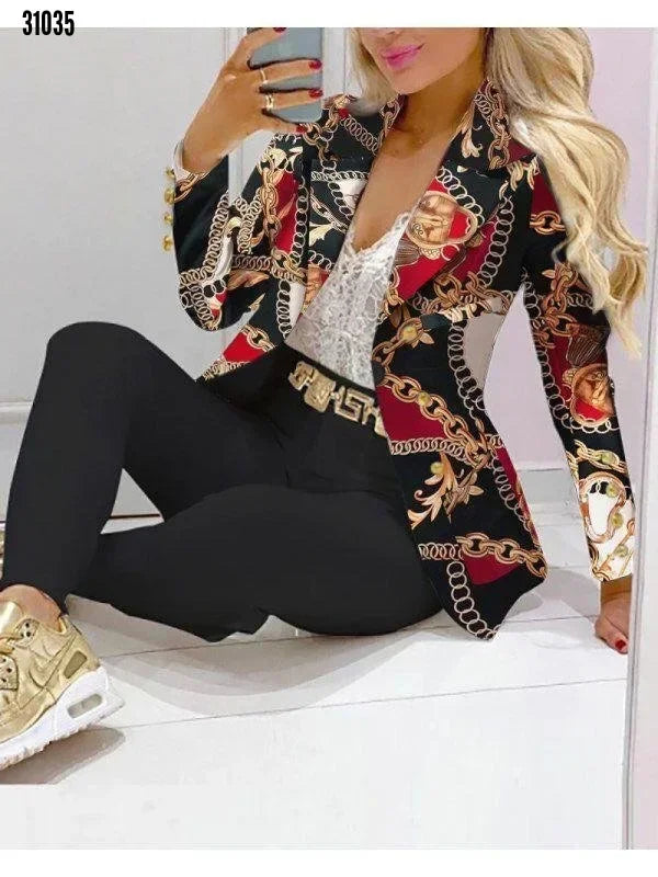 2025 feminino formal jaqueta e calças senhora do escritório outfits outono feminino duas peças conjunto impressão blazer casaco & calças terno conjuntos femininos