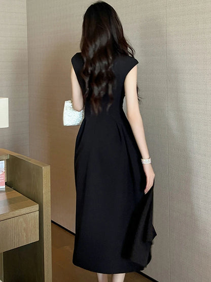 Estilo francês moda verão elegante vestido de noite feminino senhora formal chique sem mangas magro midi festa clube baile robe mujer vestido