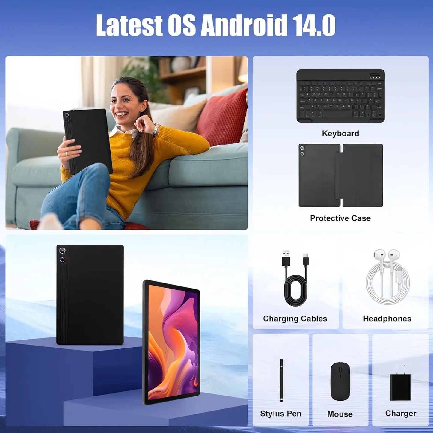 Urao 11 Polegada tablet android 14gb ram 64gb rom 6800mah ips hd tela de toque com teclado capa protetora mouse stylus 8 em 1 kit