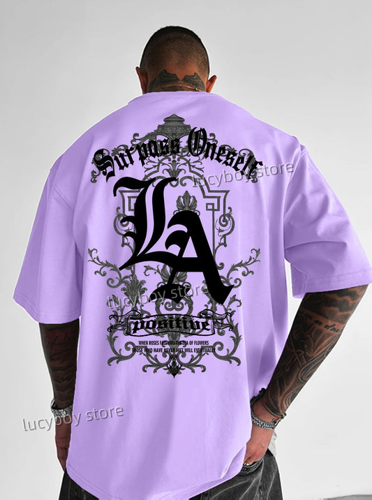 2025 verão masculino esportes solto confortável camiseta masculina carta la impressão masculina de manga curta topo diário rua masculino camiseta