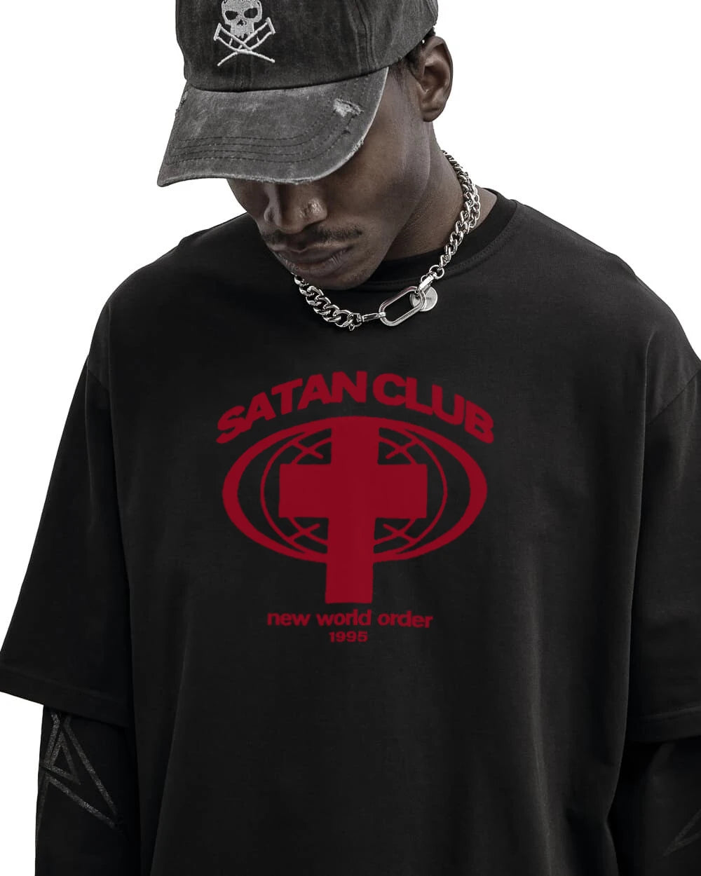 Camiseta gráfica estampada do Satan Club dos homens, roupas Hip Hop, tops de manga comprida, streetwear gótico, Harajuku, Y2K, Hip Hop, 2 peças