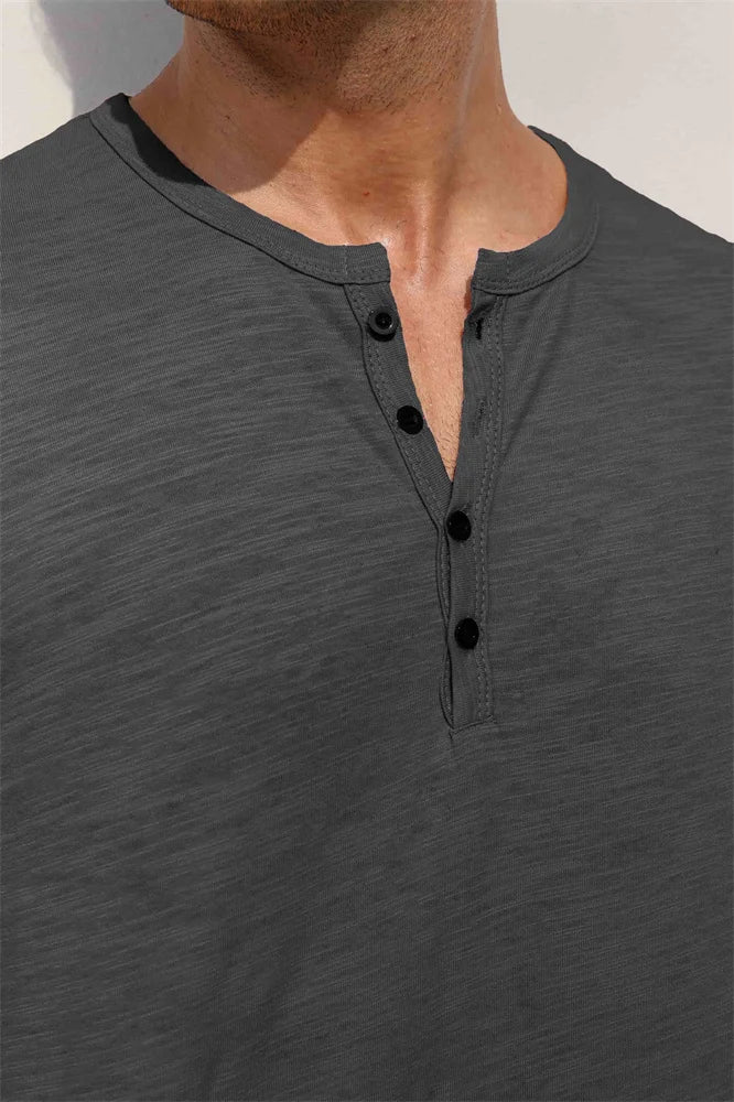 Outono nova camiseta masculina de manga longa casual estilo simples henley pescoço respirável leve algodão topos moda masculina