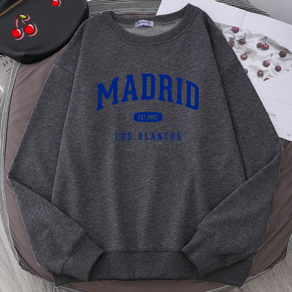 Espanha madrid est 1902 los blancos impressão dos homens com capuz roupas oversize crewneck agasalho solto pulôver masculino streetwear