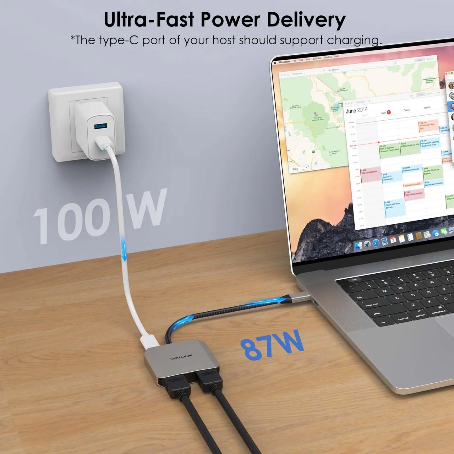 Wavlink 3-em-1 usb c para adaptador hdmi duplo com entrega de energia de 87w 4k @ 60hz para laptops macbook pro/air dell thunderbolt 3/4