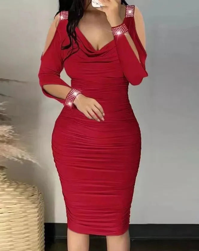 Moda elegante vestido para mulheres sexy bodycon pacote hip fora do ombro manga longa vestidos de festa verão com decote em v novas roupas femininas