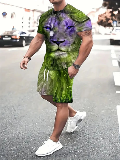 Camiseta e calções com estampa besta leão masculina, impressão 3D de bloqueio colorido, fato esportivo gola o, rua casual, verão, novo
